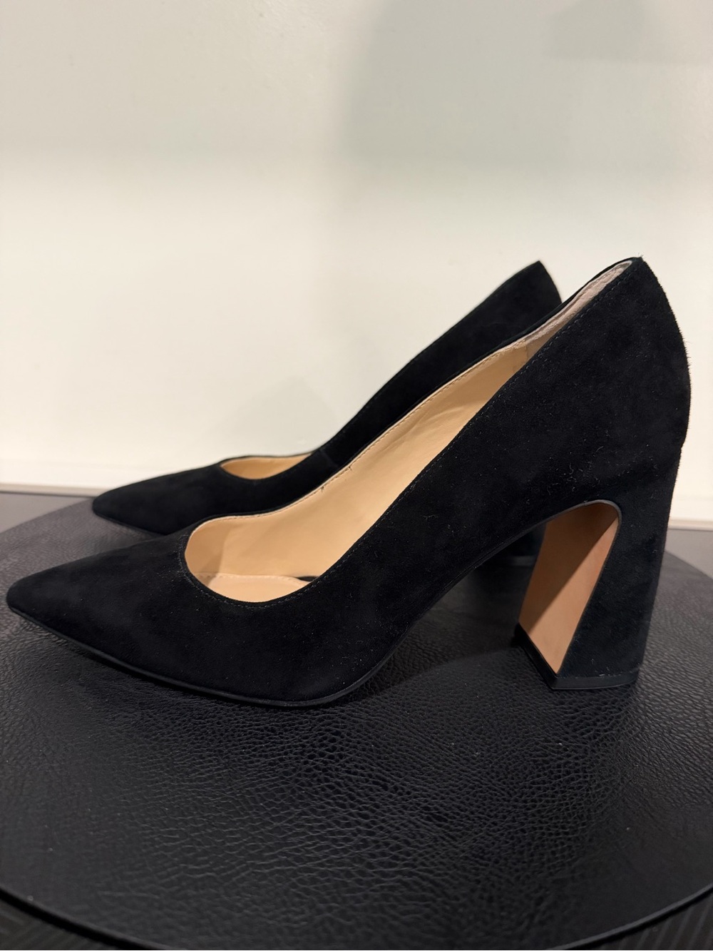 Vince Camuto Black Suede Pointed Block Heel Pumps